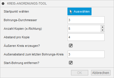 CircleWizard-Dialog mit Einstellungen für Mittelpunkt, Bohrungsdurchmesser, Kopien, Abstand und Außenkreis