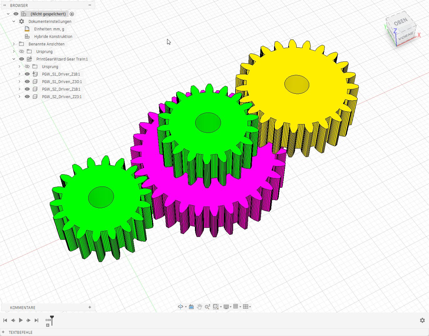 Mit PrintGearWizard erzeugtes zweistufiges Zahnradgetriebe in Autodesk Fusion