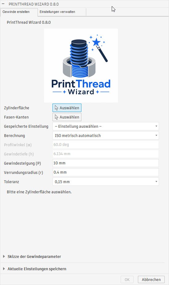 Dialog des PrintThread Wizard mit Einstellungen für Gewindegeometrie und Passung