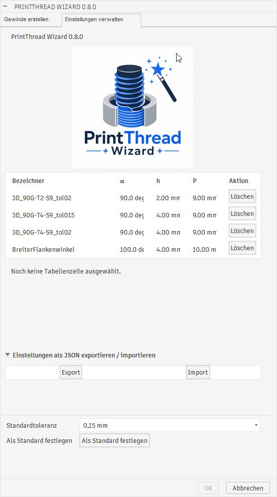 Dialog des PrintThread Wizard mit Optionen für Fasen und Konstruktionsdetails