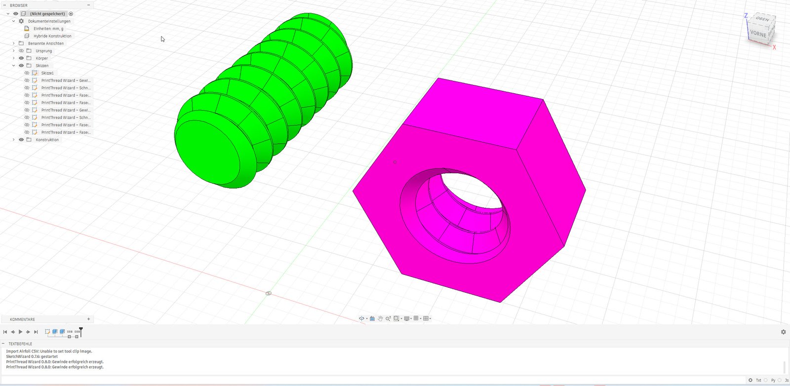 Fusion-Modell mit erzeugtem Außengewinde nach Anwendung des PrintThread Wizard