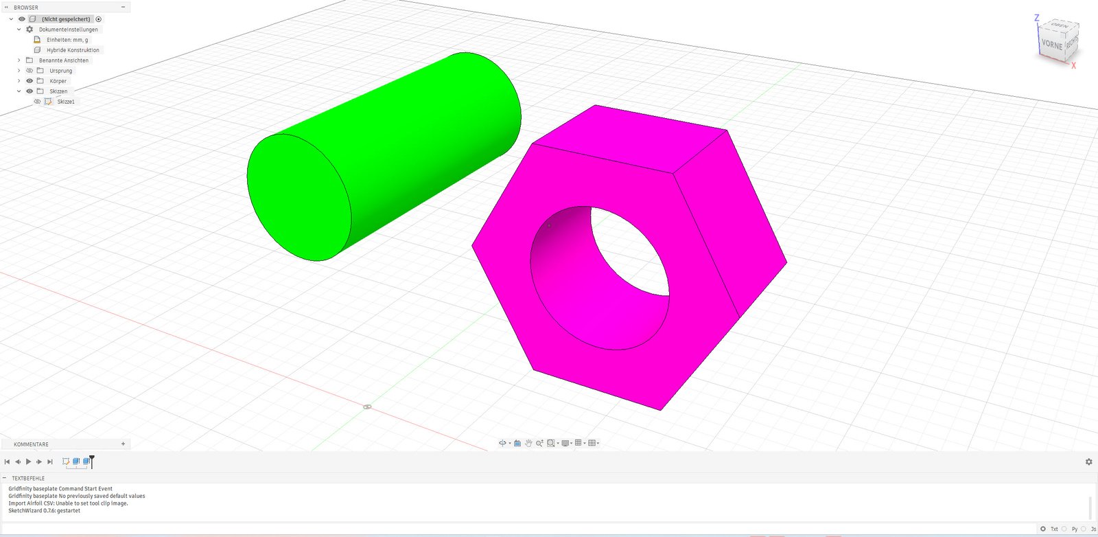 Fusion-Modell mit zylindrischem Bauteil vor Anwendung des PrintThread Wizard