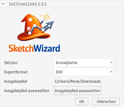 SketchWizard-Dialog in Autodesk Fusion mit ausgewählter Skizze und DXF-Ausgabeformat
