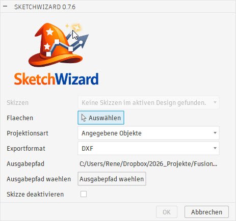 SketchWizard-Dialog in Autodesk Fusion mit Auswahl einer planaren Fläche, Projektionsmodus und Exportformat