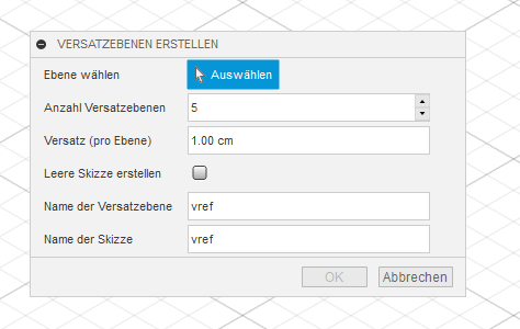 Dialog des VersatzebenenTools mit Einstellungen für Ausgangsebene, Anzahl, Abstand, Namen und Skizzen