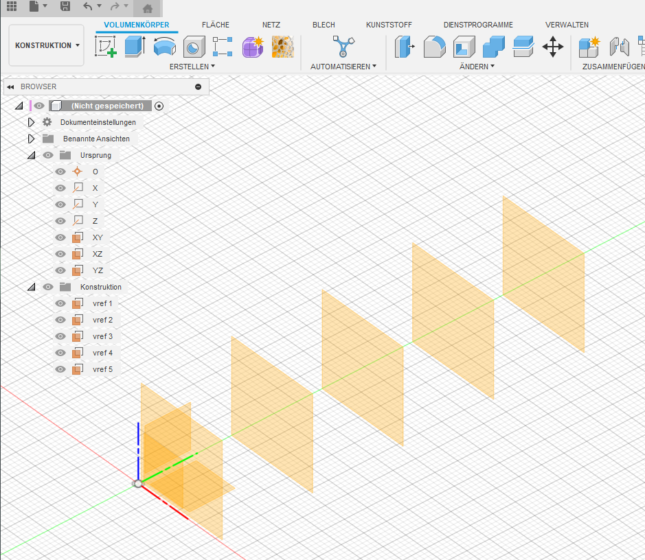 Mehrere mit dem VersatzebenenTool erzeugte parallele Konstruktionsebenen in Autodesk Fusion