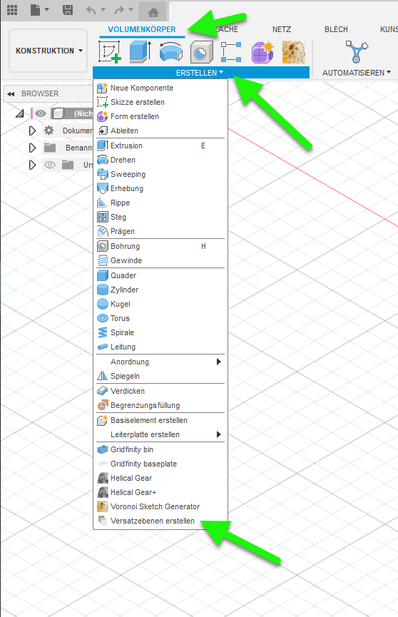 Befehl des VersatzebenenTools im Erstellen-Menü von Autodesk Fusion