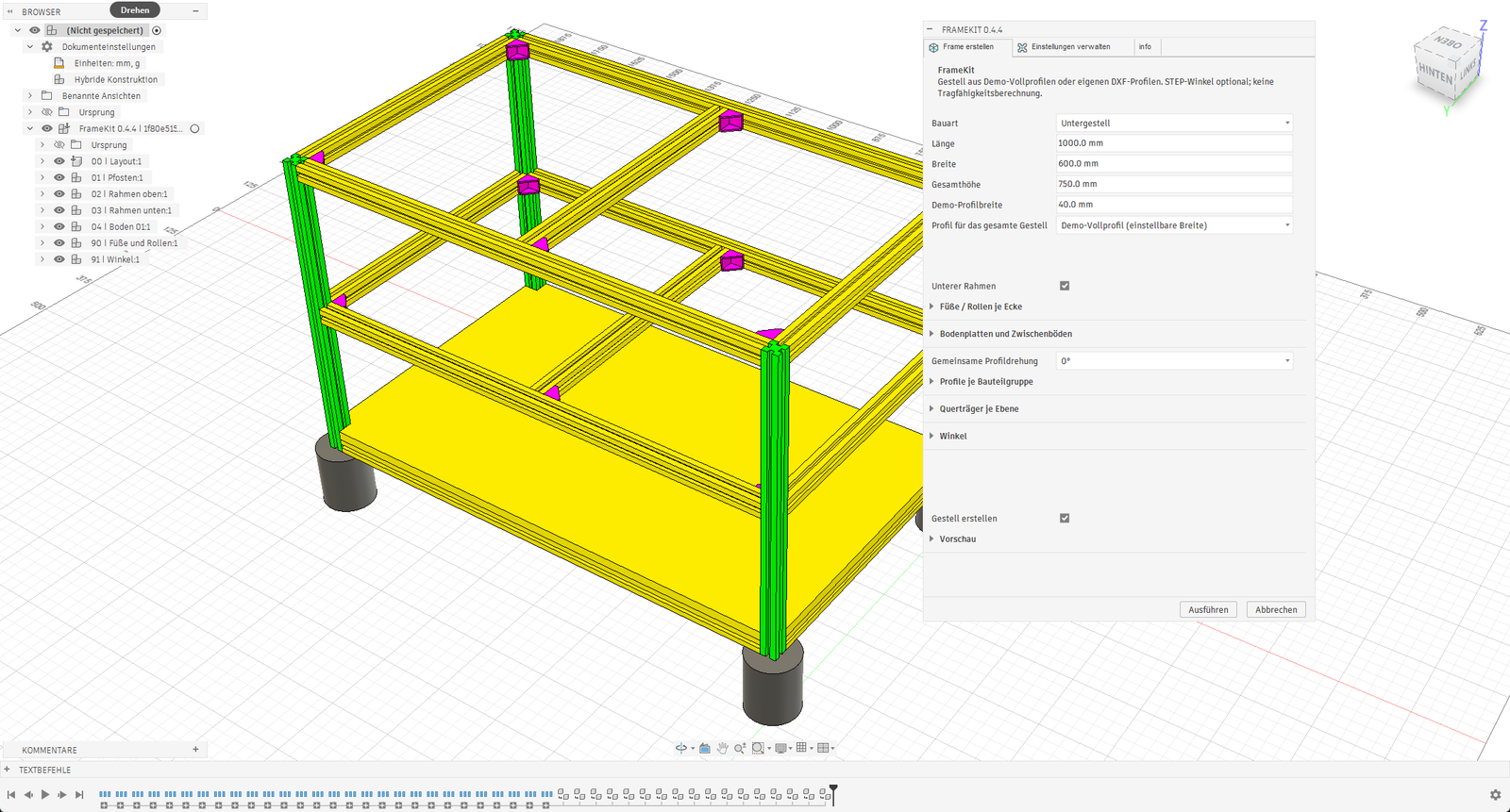 FrameKit 0.4.4 in Fusion: Gestell mit Profilen, STEP-Winkeln, Bodenplatte und zylindrischen Zubehörplatzhaltern neben dem Erstellungsdialog