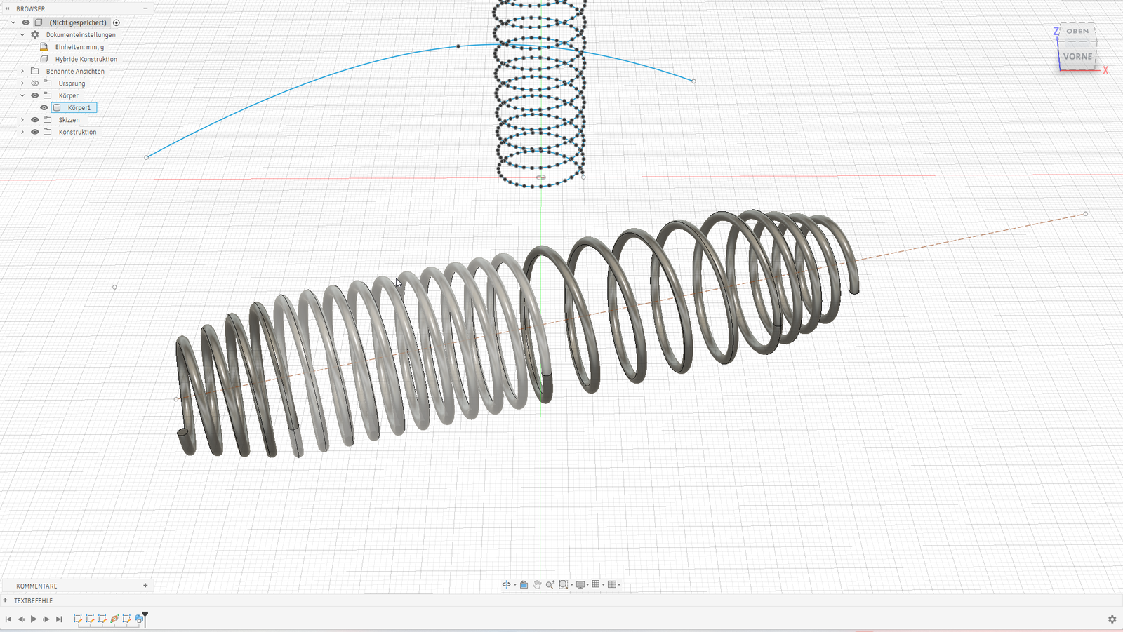 Federförmiger Körper mit variablen Windungsabständen um eine geneigte Achse neben der Helix-Skizze in Fusion