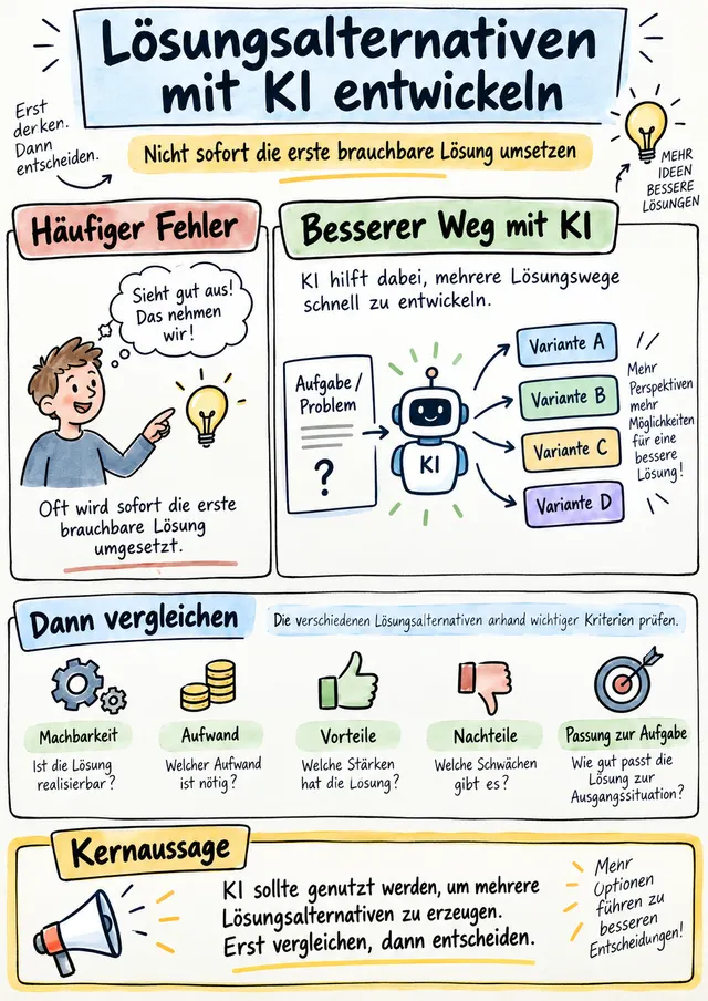 Workshop-Plakat: Lösungsalternativen mit KI entwickeln